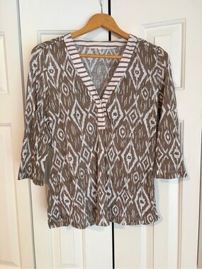 Taupe and White Ikat V-Neck Tunic Top